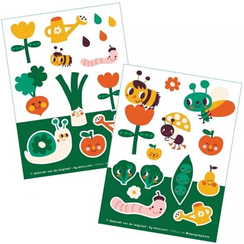 Twee vellen by bora moestuin stickers met vrolijke dieren, planten en tuingereedschap.