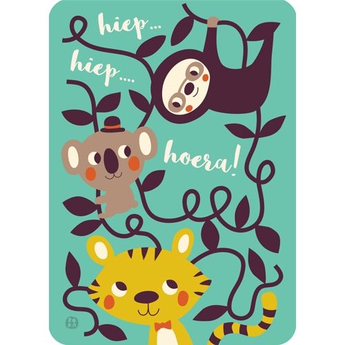 by bora verjaardagskaart met jungle dieren zoals een luiaard, koala en tijger, en de tekst 'hiep... hiep.... hoera!'.