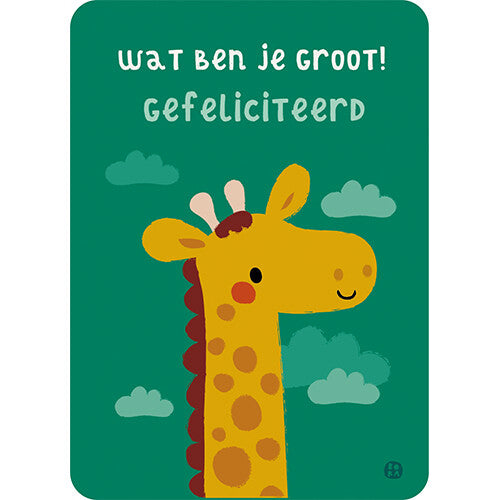 by bora verjaardagskaart met een cartoon giraffe en de tekst 'Wat ben je groot! Gefeliciteerd' op een groene achtergrond.