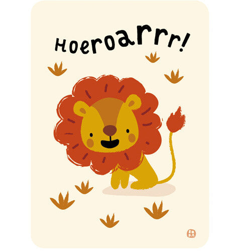 by bora verjaardagskaart met een vrolijke cartoon leeuw en de tekst 'hoeroarrr!' in jungle thema.