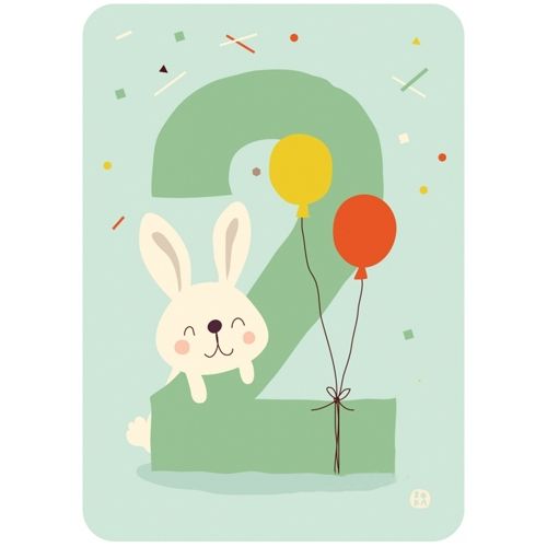 by bora verjaardagskaart met een konijn, het nummer 2 en ballonnen.