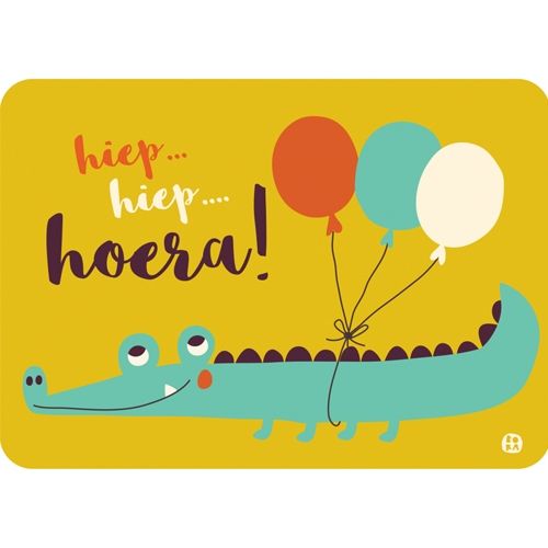 by bora verjaardagskaart met een vrolijke krokodil die ballonnen vasthoudt en de tekst 'hiep hiep hoera'.