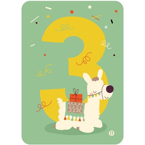 by bora verjaardagskaart met een lama, een cadeau en het nummer 3 op een groene achtergrond.