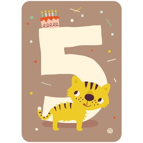 by bora verjaardagskaart met een gele tijger, het nummer 5 en een kleine verjaardagstaart.