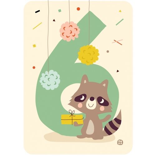 by bora verjaardagskaart met een wasbeer, een cadeau en het nummer 6.