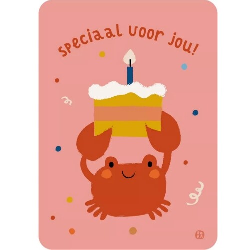 by bora verjaardagskaart met een vrolijke krab die een verjaardagstaart vasthoudt en de tekst 'speciaal voor jou!'.