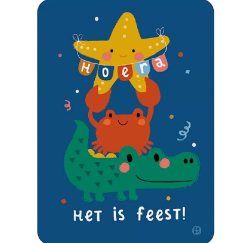 by bora verjaardagskaart met vrolijke zeedieren: een alligator, krab en zeester met de tekst 'Hoera' en 'Het is feest!'.