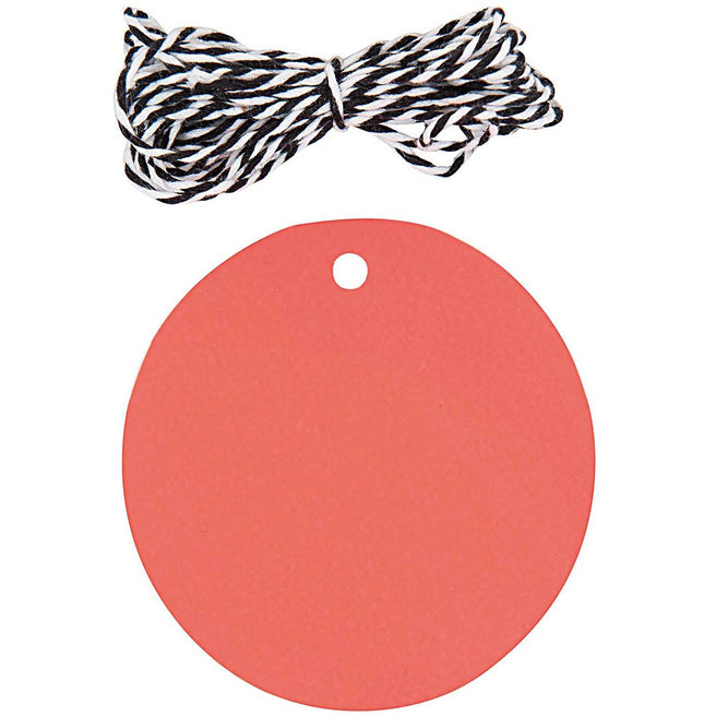 Rico Design rond neon rood cadeaulabel met zwart-wit gestreept touw.