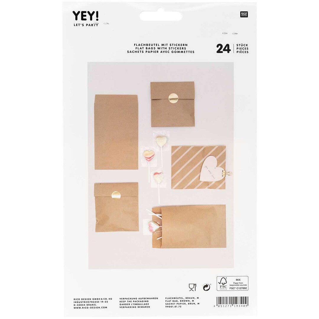 Achterkant van de Rico Design verpakking met voorbeelden van bruine papieren cadeauzakjes.