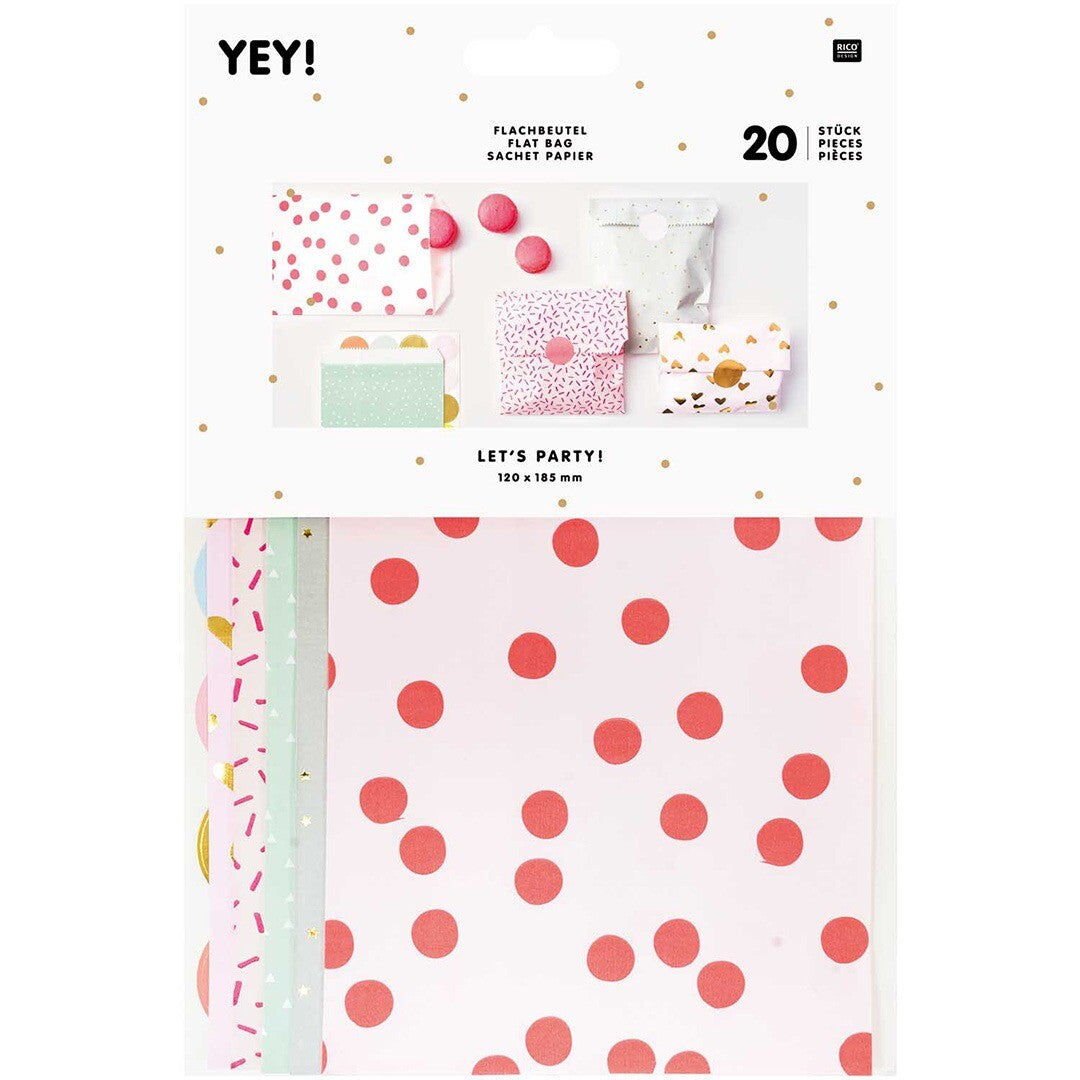 De voorkant van de Rico Design verpakking voor cadeauzakjes met verschillende patronen zoals stippen, harten en sterren.