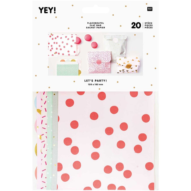 De voorkant van de Rico Design verpakking voor cadeauzakjes met verschillende patronen zoals stippen, harten en sterren.