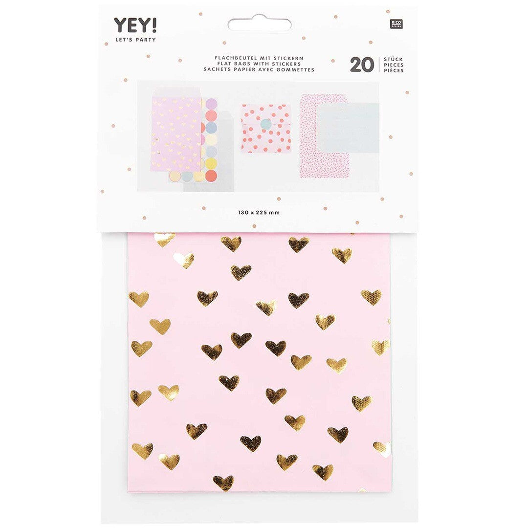 Verpakking van Rico Design cadeauzakjes met roze harten, stippen en sprinkles patronen.