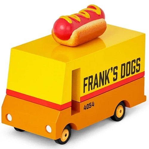 candylab houten speelgoed hot dog van in geel en oranje met een hotdog op het dak.