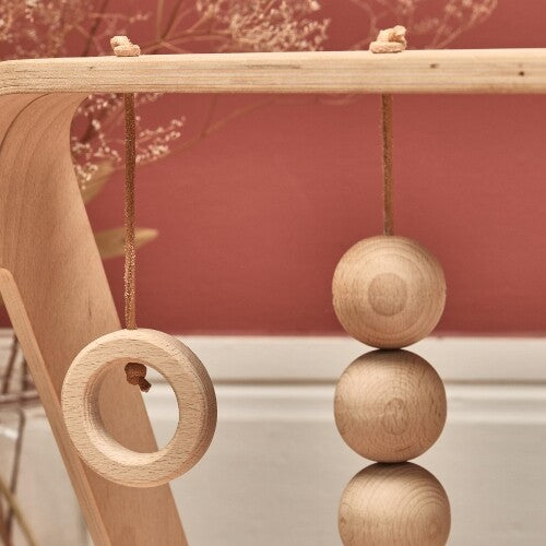 Detail van de houten speeltjes van de Charlie Crane babygym: een ring en drie ballen.