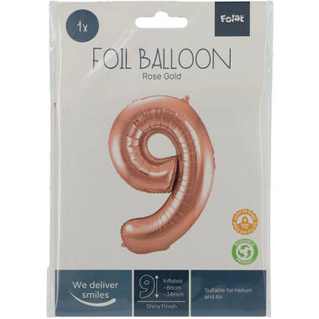 Verpakking van de Folat roségouden cijferballon in de vorm van het cijfer 9.