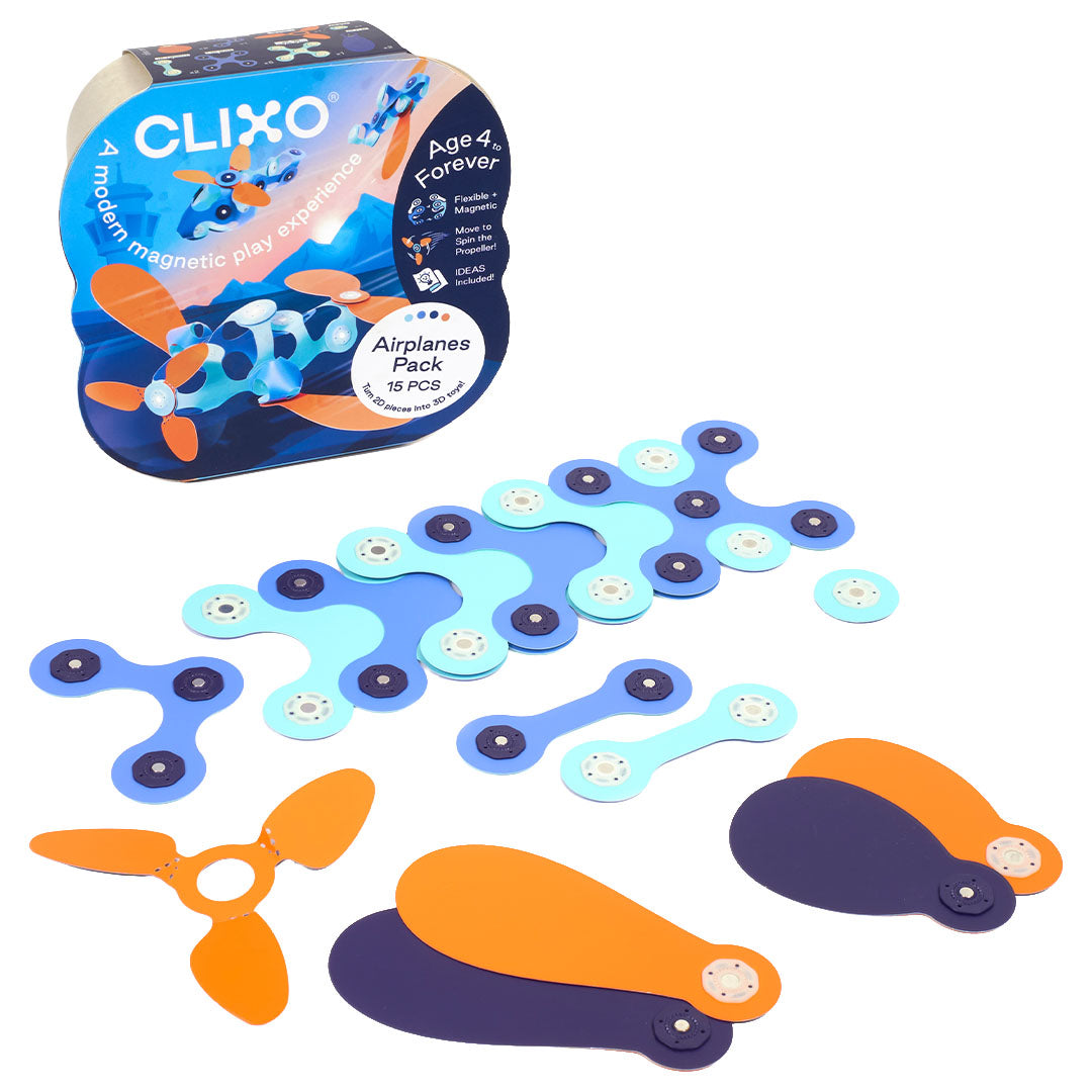 Clixo magnetische bouwset voor vliegtuigen met de verpakking en alle losse onderdelen.