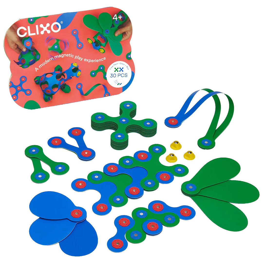Clixo magnetische bouwset met blauwe en groene onderdelen en de verpakking van de 30-delige set.