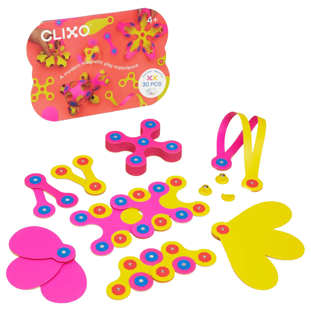 Clixo magnetische bouwset met roze en gele flexibele onderdelen en de verpakking op een witte achtergrond.