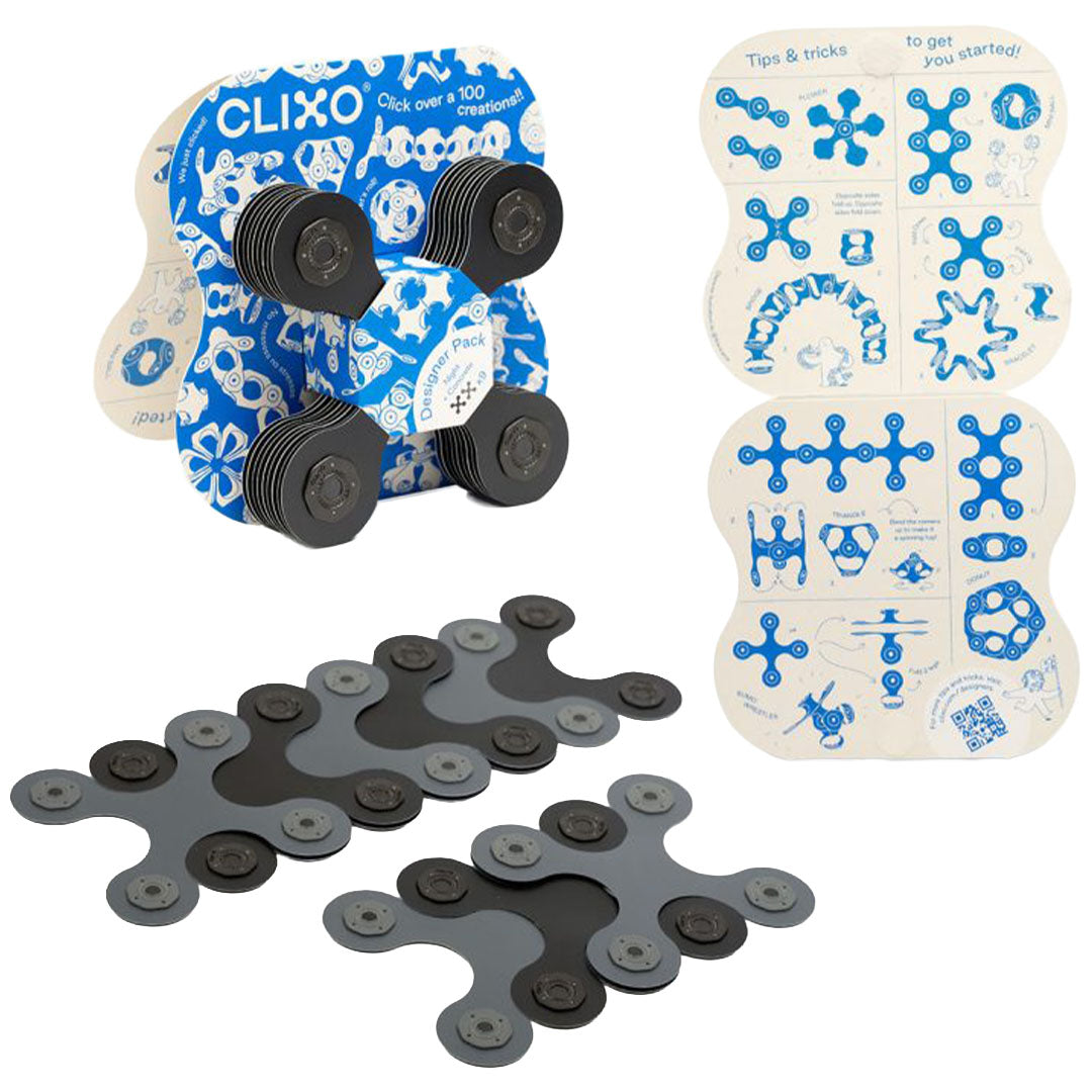 Clixo magnetische bouwset met verpakking, losse onderdelen en instructieblad.