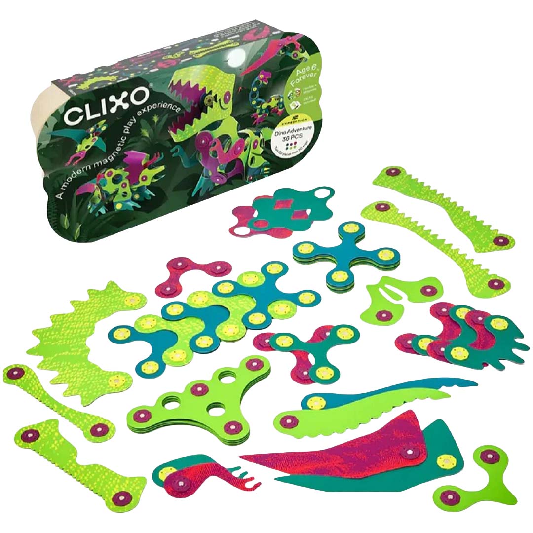 Clixo Dino Adventure magnetische bouwset met de verpakking en alle 36 groene, paarse en gele onderdelen.