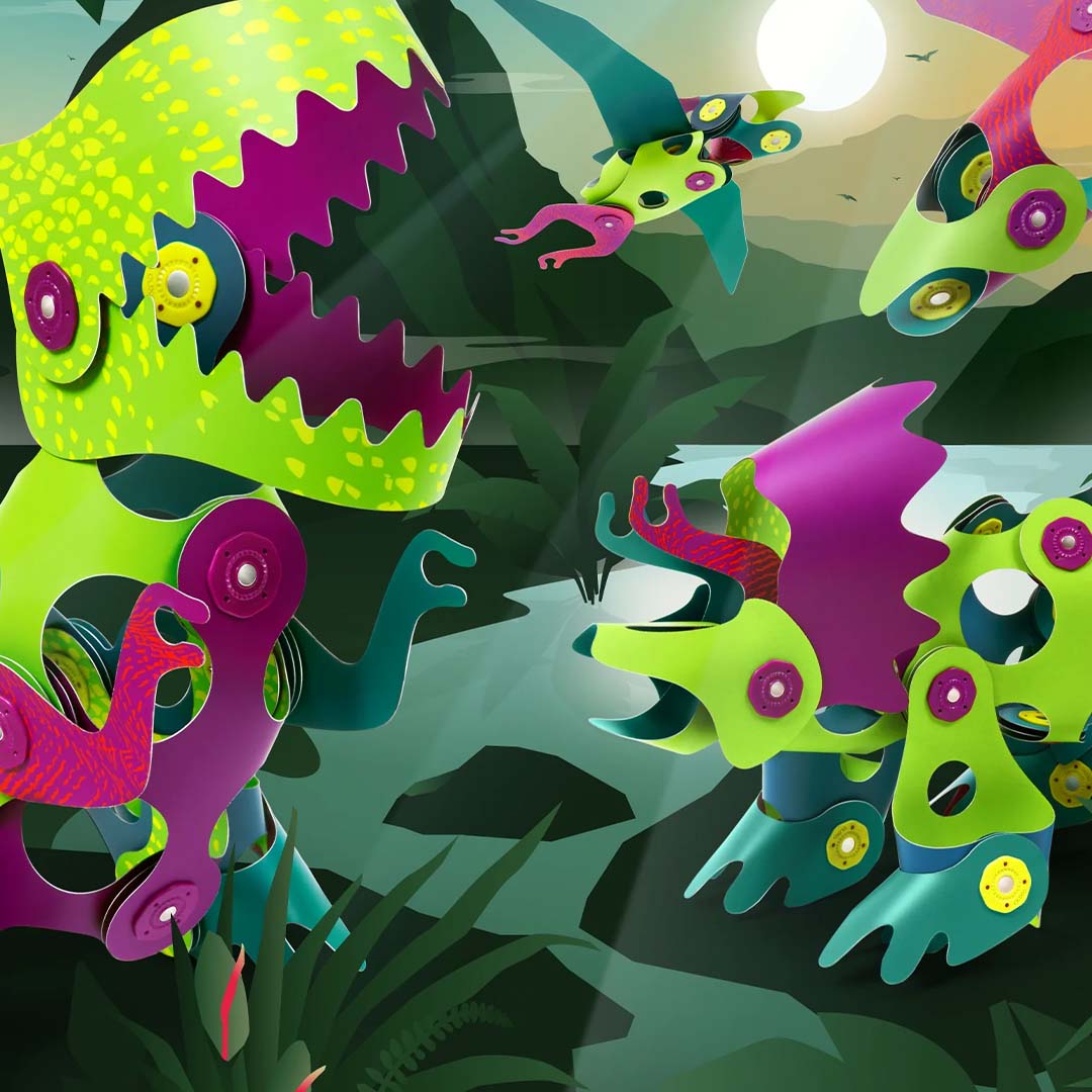 Twee grote Clixo dinosaurusfiguren van de magnetische bouwset in een jungle-achtige omgeving met een volle maan.