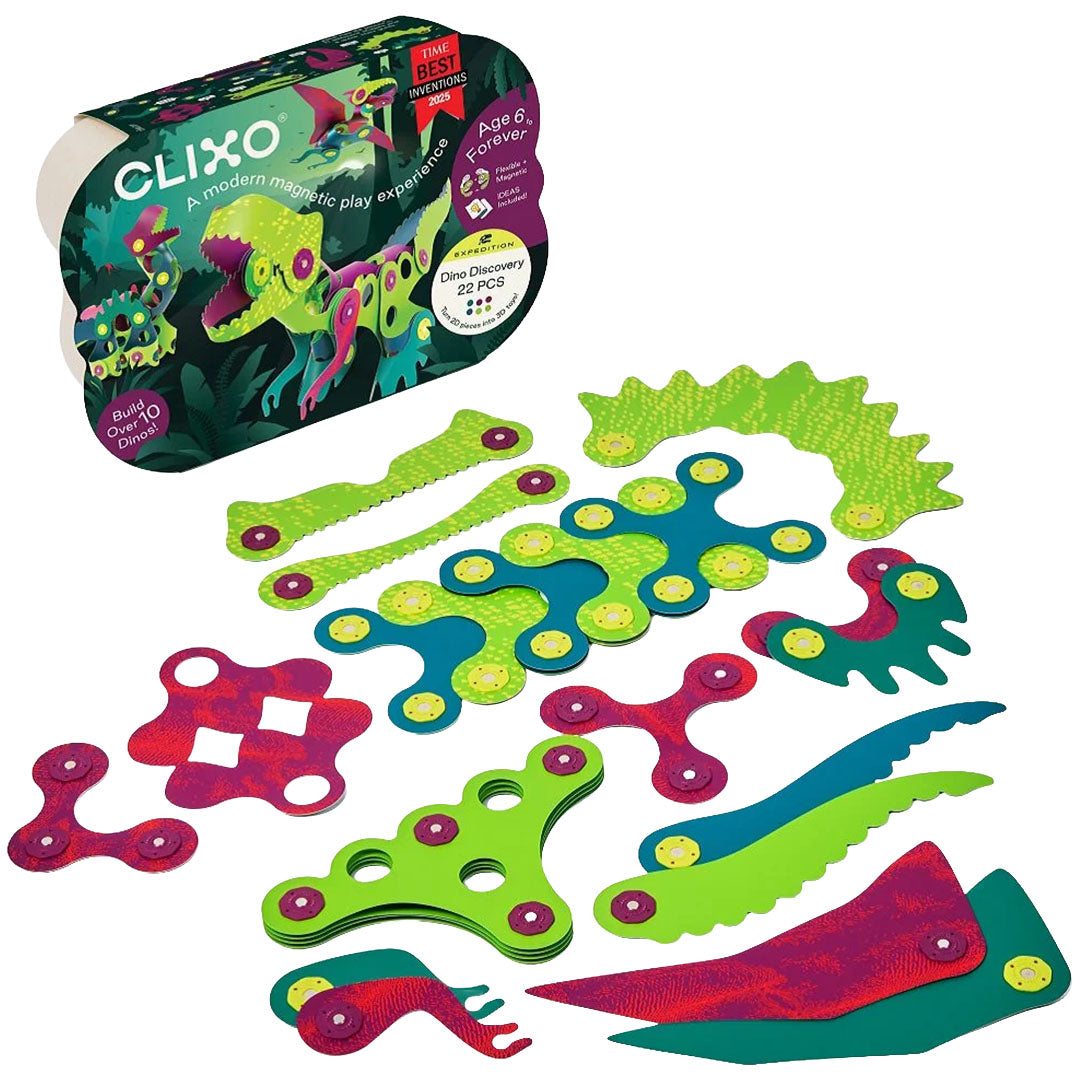 Clixo Dino Discovery magnetische bouwset met losse veelkleurige onderdelen en de productverpakking.