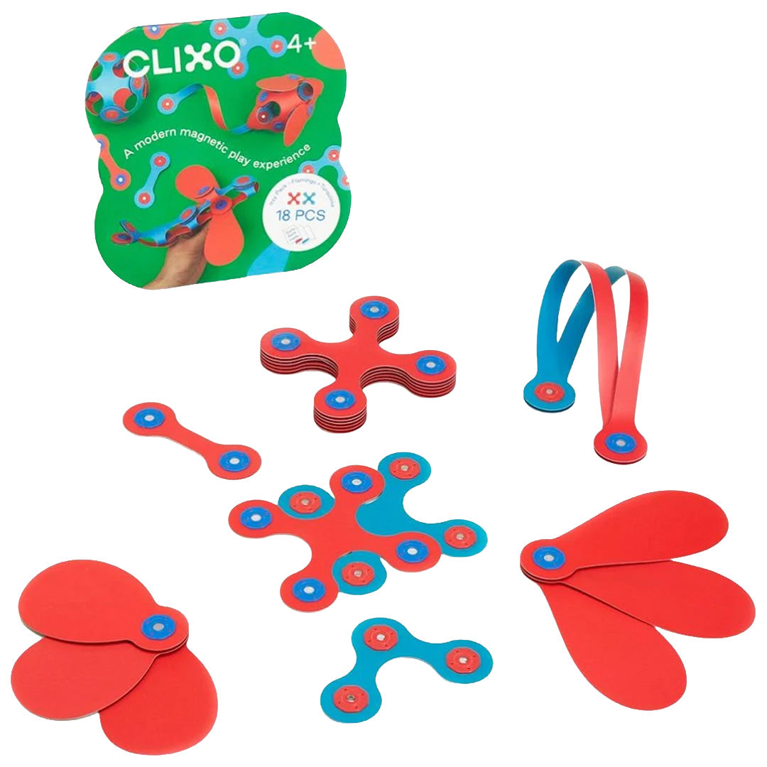 Clixo magnetische bouwset met losse rode en blauwe flexibele onderdelen en de groene verpakking.