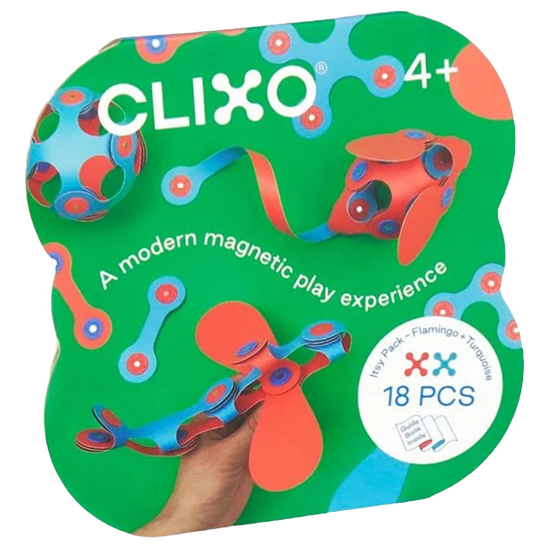 De groene verpakking van de Clixo magnetische bouwset, met voorbeelden van constructies.