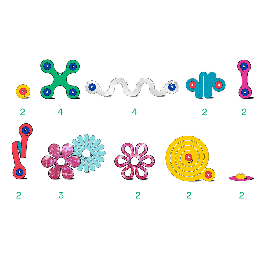 Infographic van de Clixo magnetische bouwset met een overzicht van de verschillende onderdelen en aantallen.
