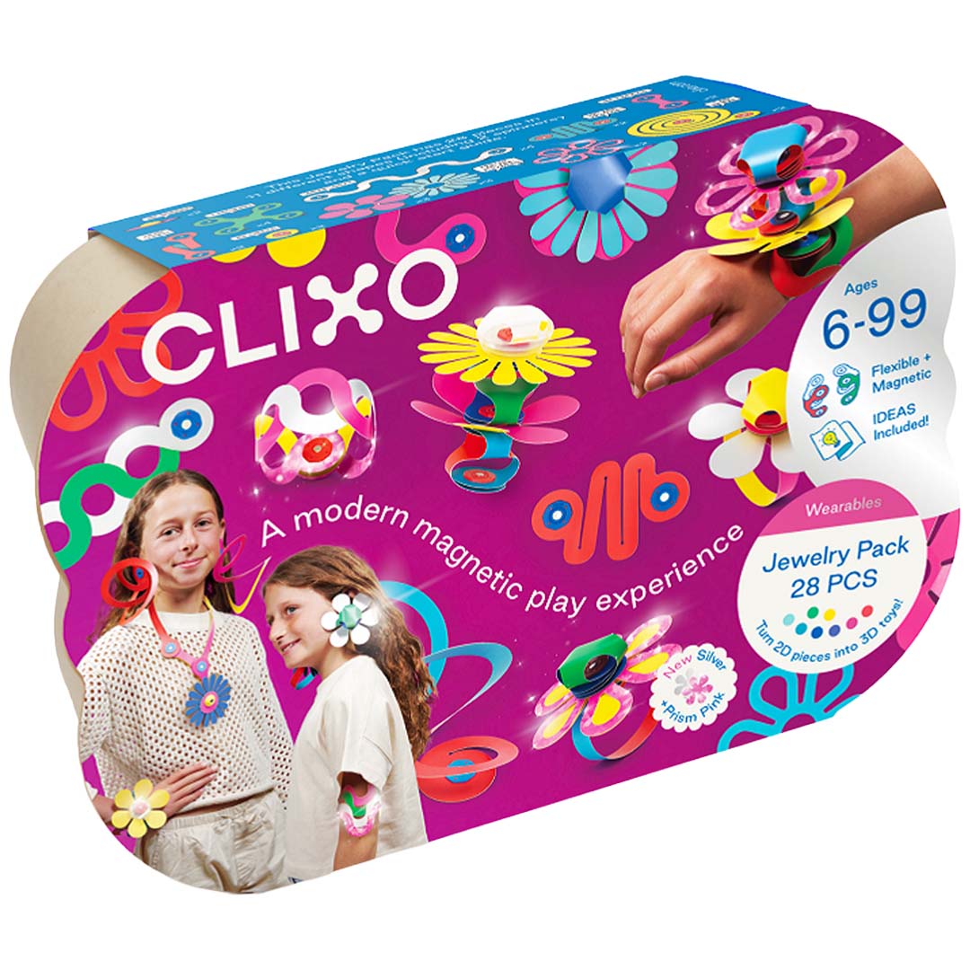 De voorkant van de Clixo magnetische bouwset verpakking met voorbeelden van gemaakte sieraden en spelende kinderen.