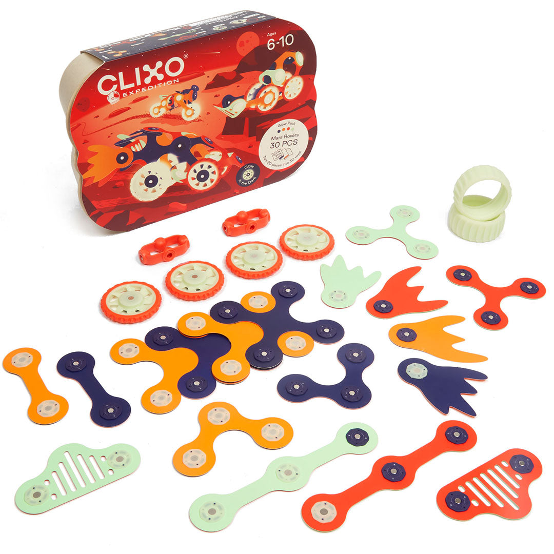 Clixo magnetische bouwset met veelkleurige plastic onderdelen en de verpakking.