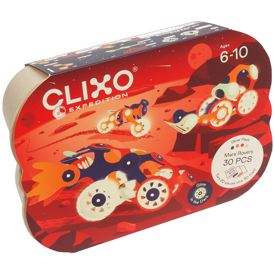 De Clixo bouwset verpakking met een Mars-thema afbeelding van voertuigen.