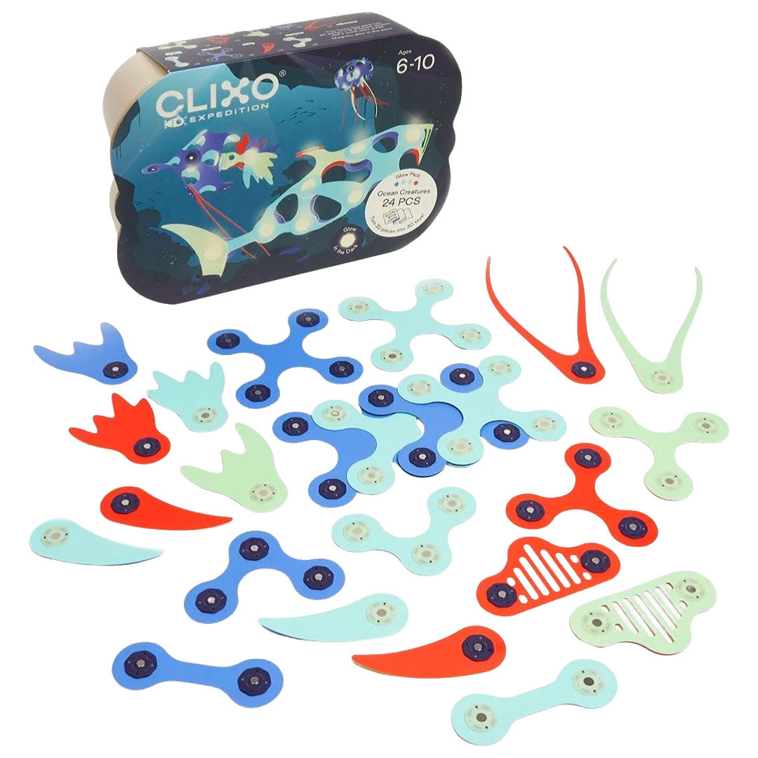 Clixo magnetische bouwset 'Ocean Creatures' met alle 24 onderdelen en de verpakking.