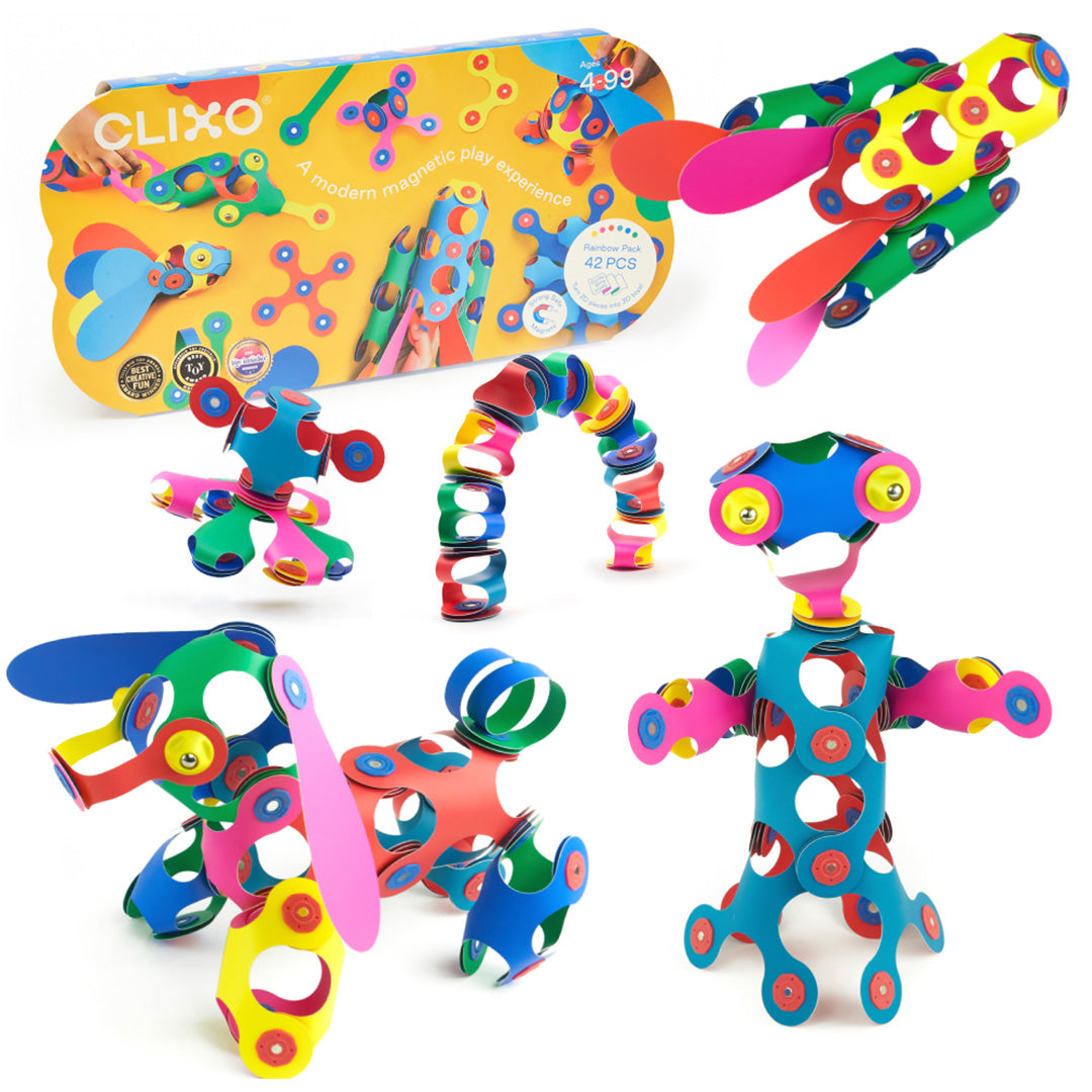 Een collectie van vijf kleurrijke figuren, waaronder een robot en een dier, gemaakt met de Clixo magnetische bouwset, met de verpakking op de achtergrond.