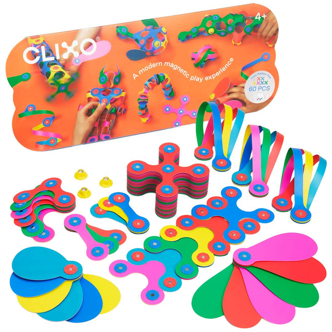 Clixo magnetische bouwset met veelkleurige flexibele bouwstukken en de productverpakking.