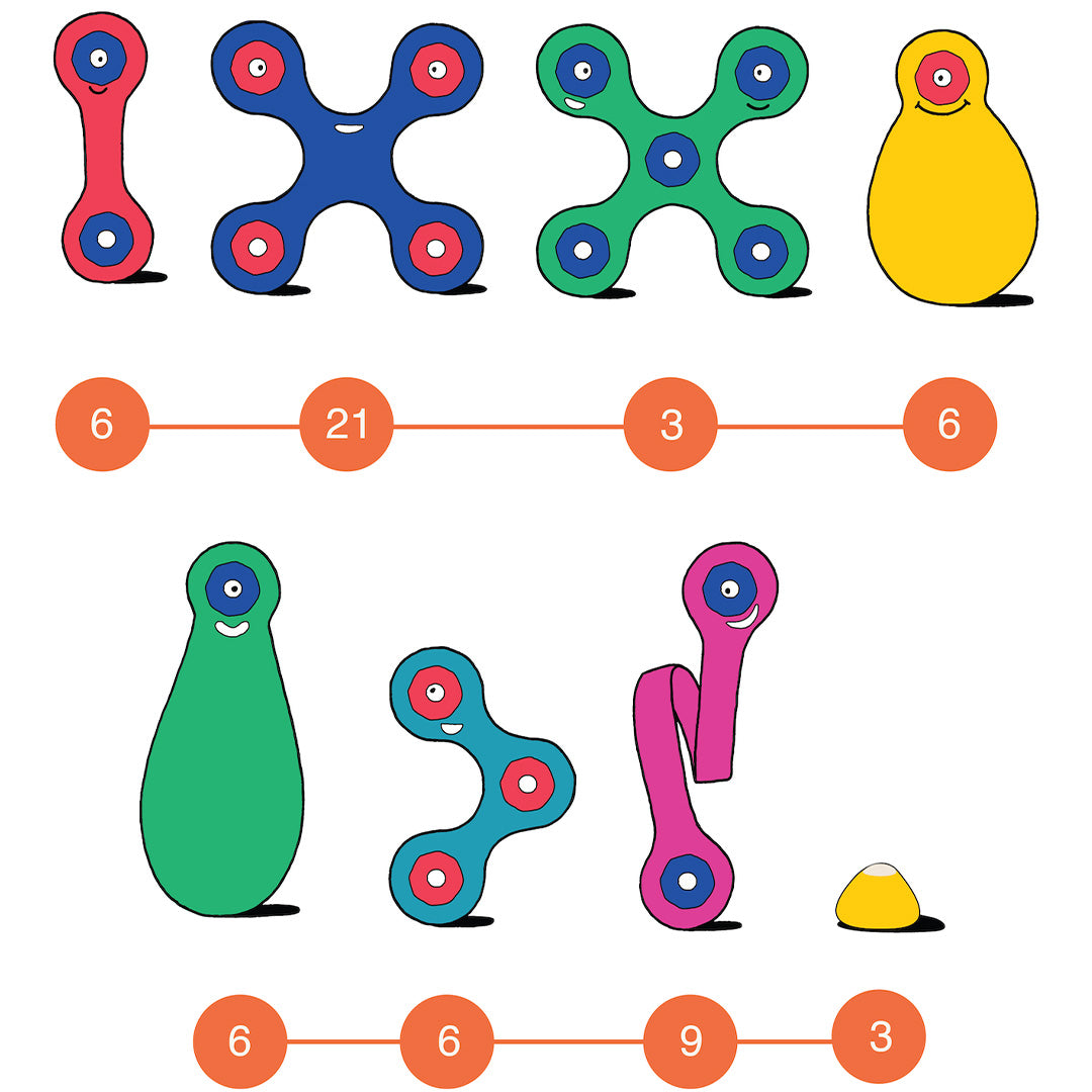 Infographic met verschillende vormen en aantallen van de Clixo magnetische bouwstukken.