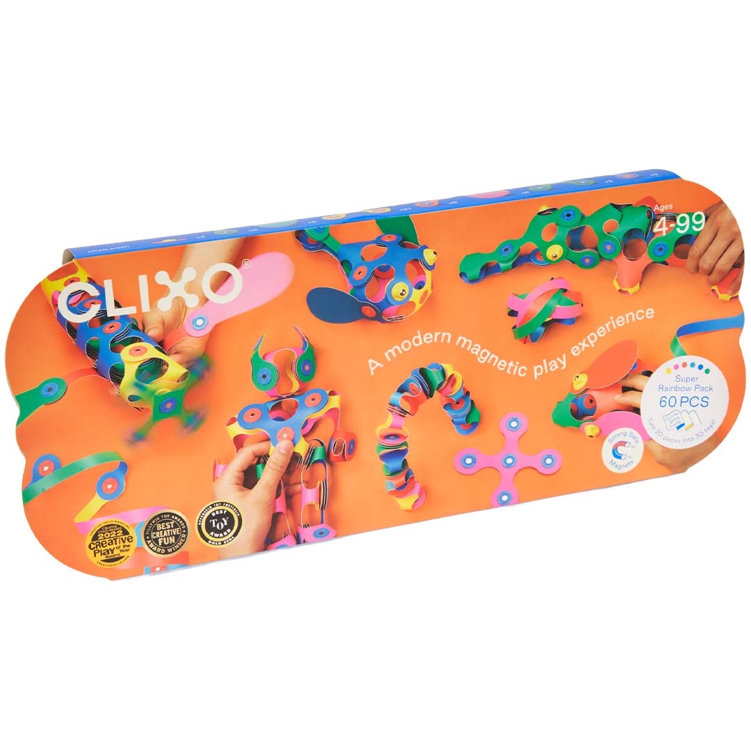 De verpakking van de Clixo magnetische bouwset met voorbeelden van creaties.