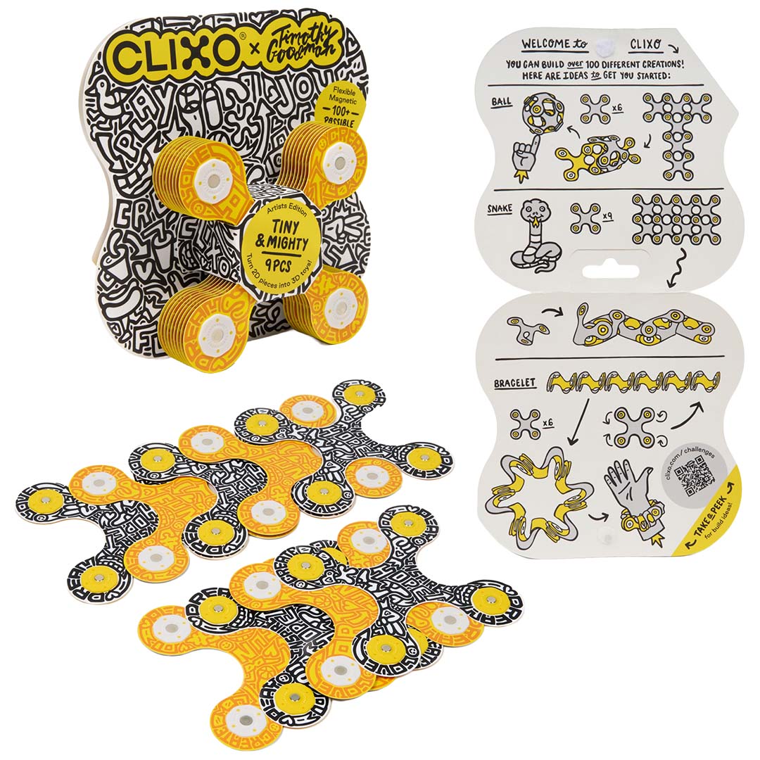 Clixo magnetische bouwset met gele en zwarte abstracte patroonstukken en een instructiekaart, deels op de verpakking.