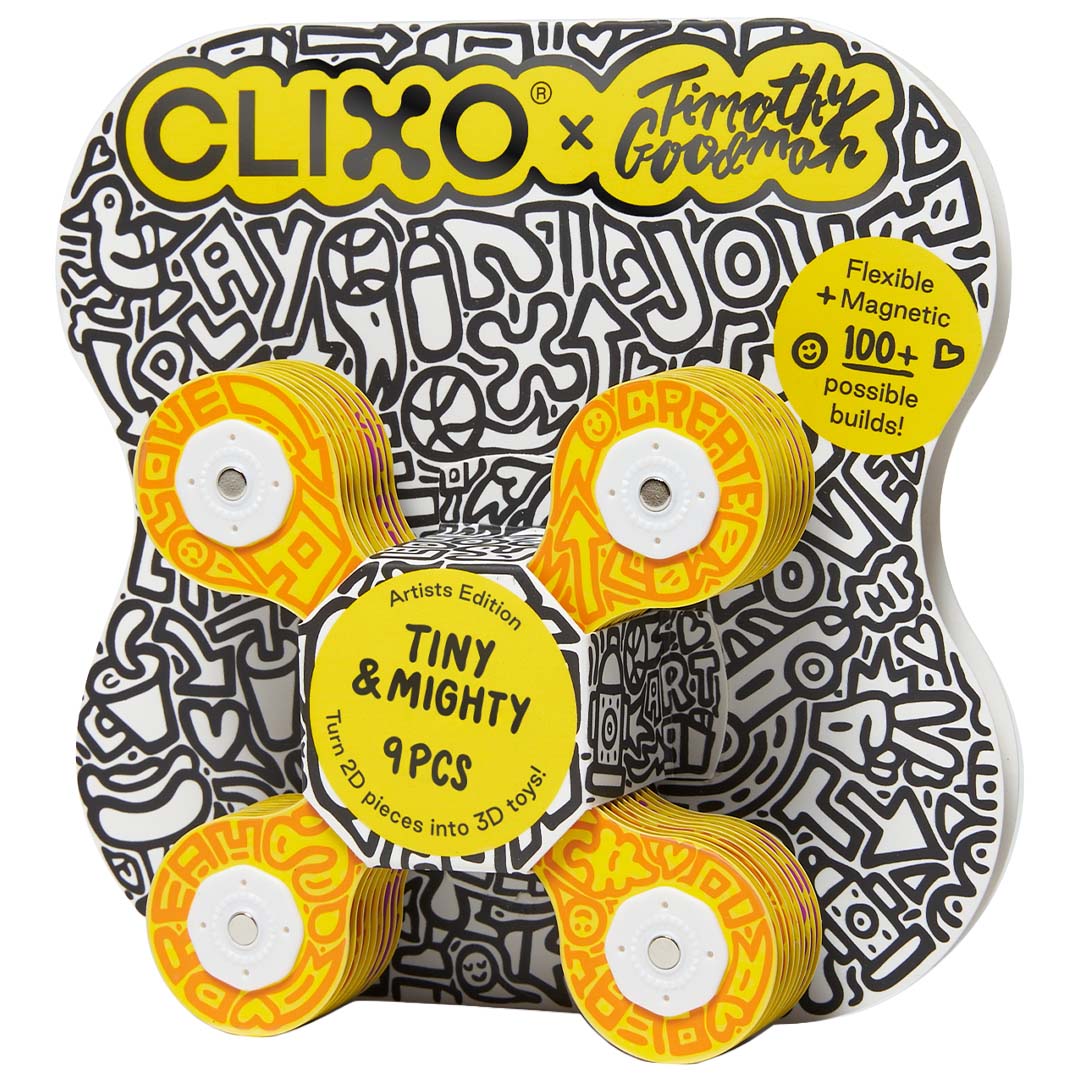 De verpakking van de Clixo magnetische bouwset met gele en zwarte abstracte patroonstukken.
