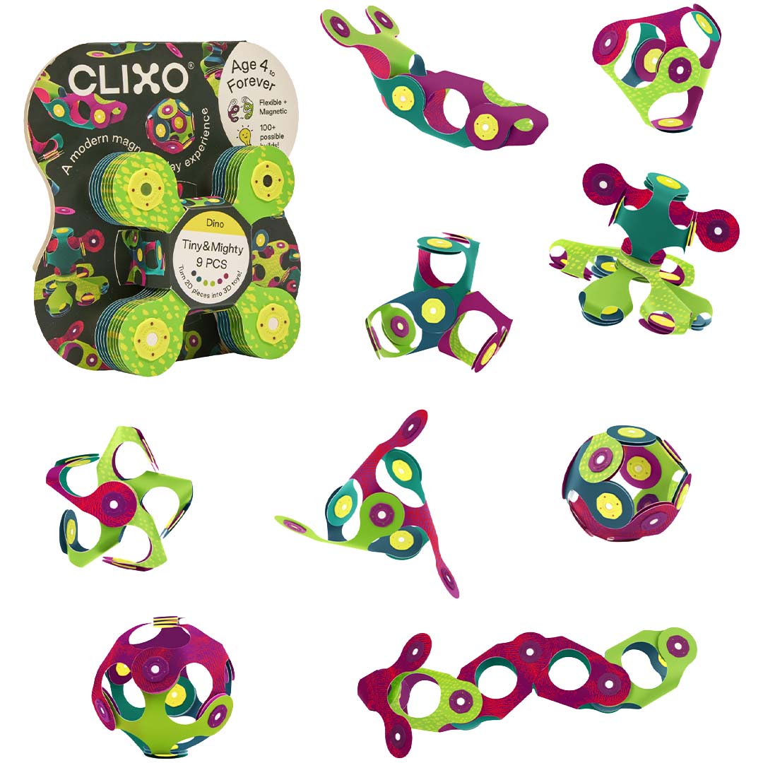 Clixo magnetische bouwset met diverse kleurrijke, abstracte vormen en de verpakking op de achtergrond.