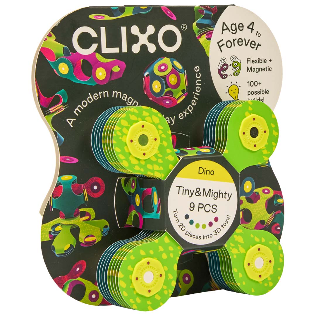Clixo magnetische bouwset 'Dino' verpakking met zichtbare groene bouwstukken.