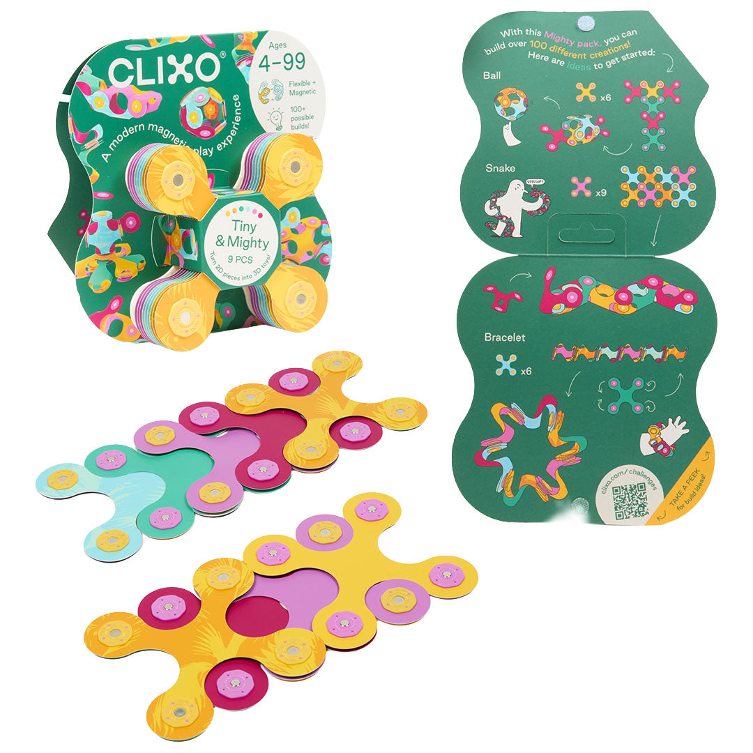 Clixo magnetische bouwset Tiny & Mighty jungle met verpakking en losse, platte bouwstukken in veelkleurige abstracte patronen.