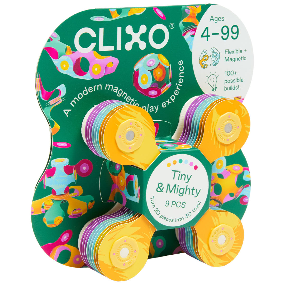 Schuine weergave van de Clixo magnetische bouwset Tiny & Mighty jungle verpakking, met een 3D-voorbeeld van de veelkleurige bouwstukken.
