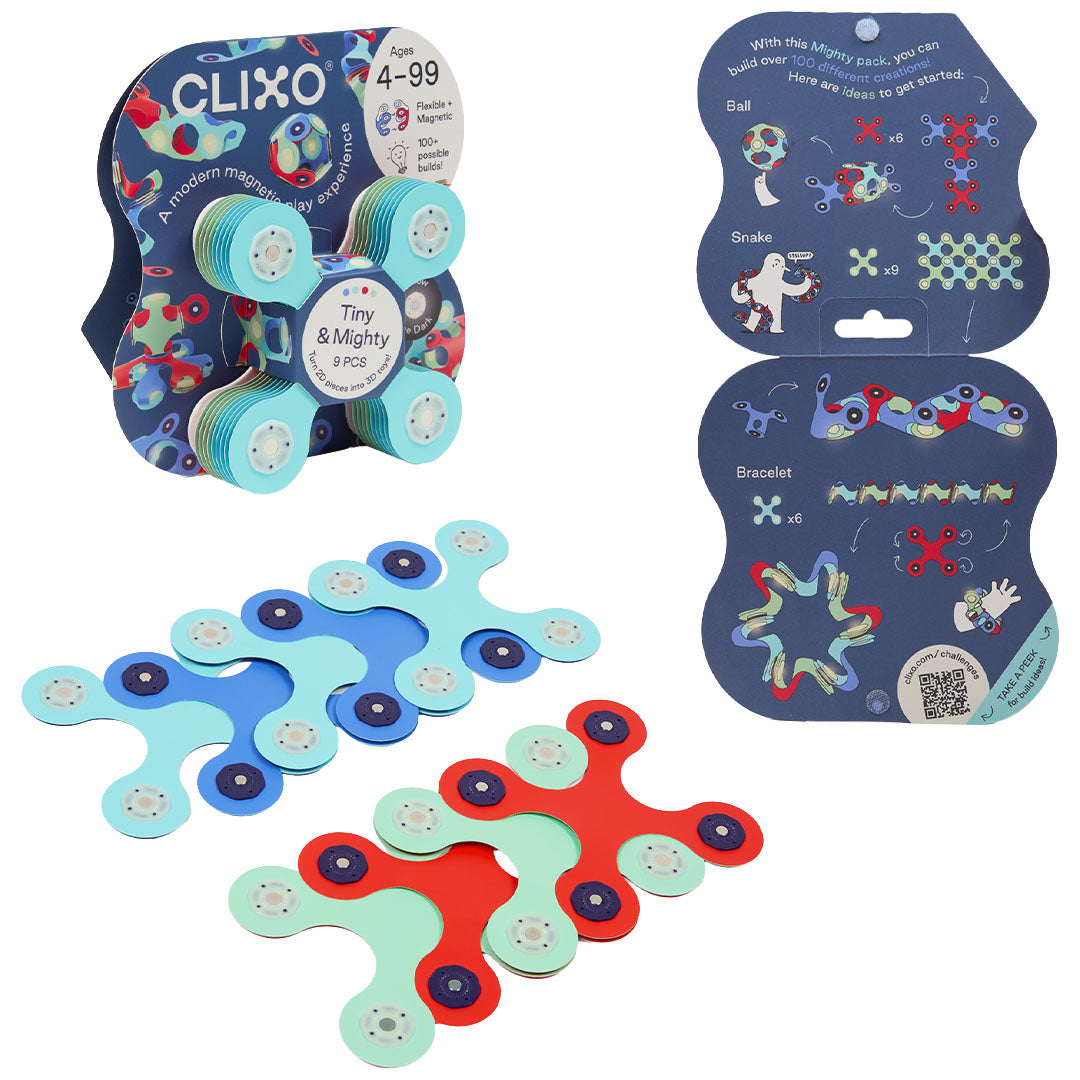 Clixo magnetische bouwset verpakking met enkele losse onderdelen en een instructiekaart.