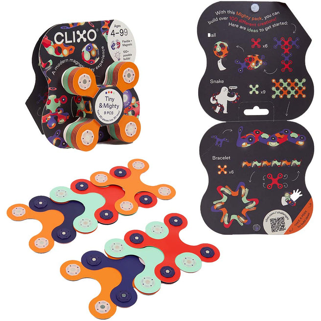 Clixo magnetische bouwset Tiny & Mighty verpakking met losse onderdelen en een instructieblad, gericht op het thema ruimtevaartuig.
