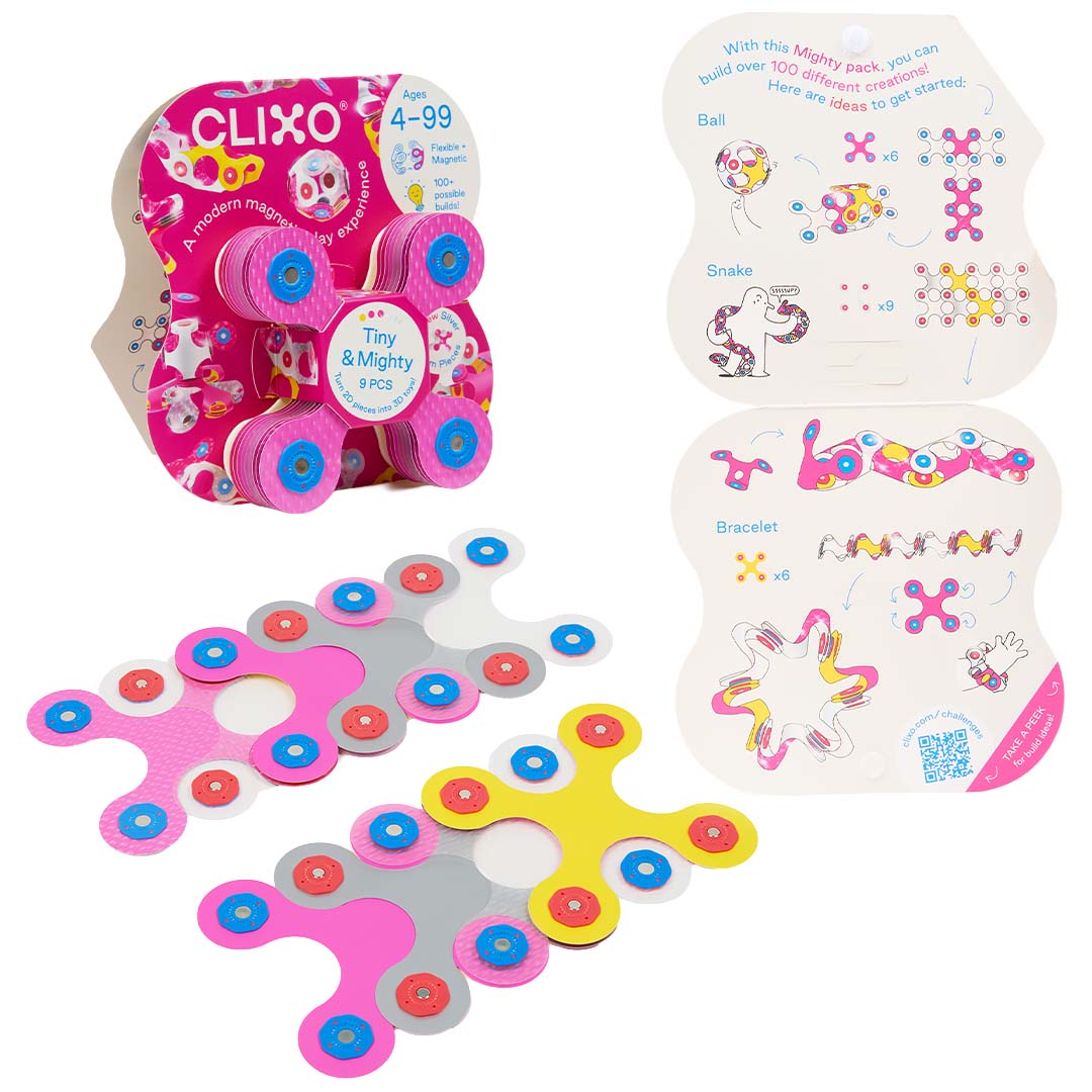 Clixo Tiny & Mighty magnetische bouwset met roze verpakking, losse onderdelen en een instructieblad.