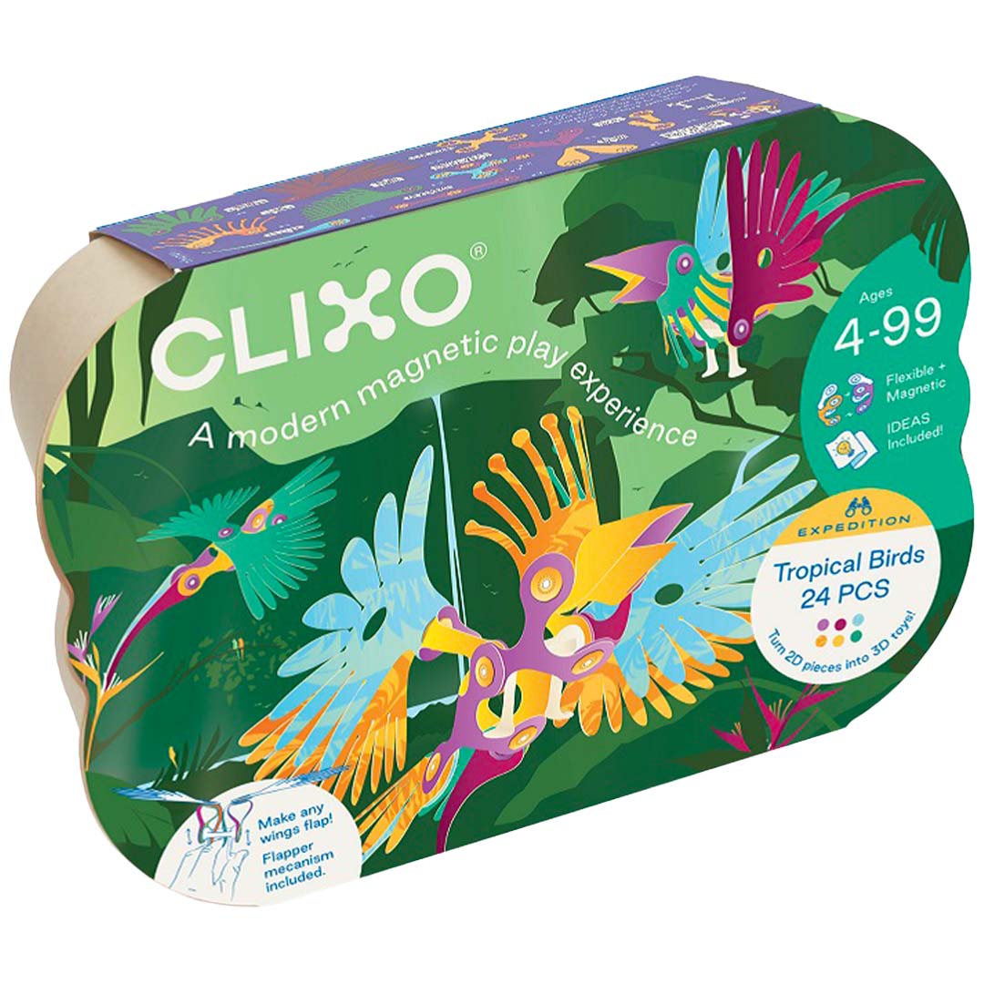 De verpakking van de Clixo magnetische bouwset tropical birds met kleurrijke vogelillustraties.