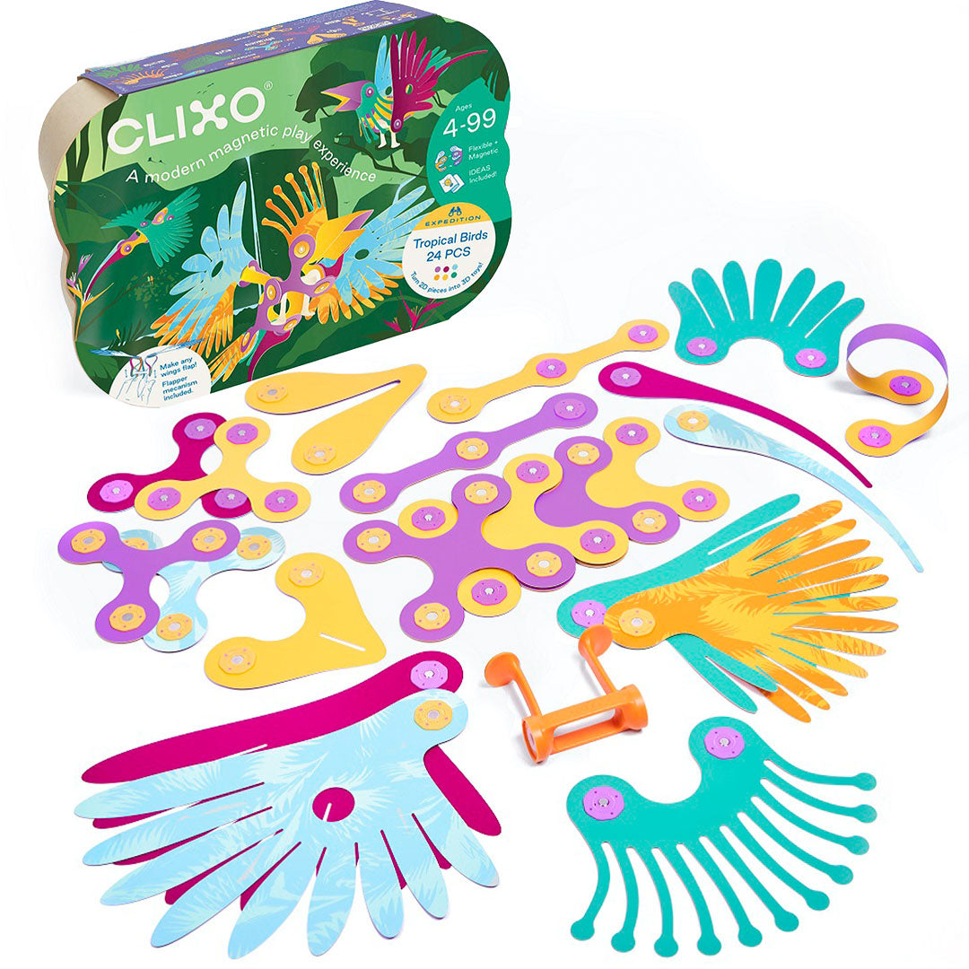 Clixo magnetische bouwset tropical birds met alle 24 kleurrijke plastic onderdelen en de verpakking.