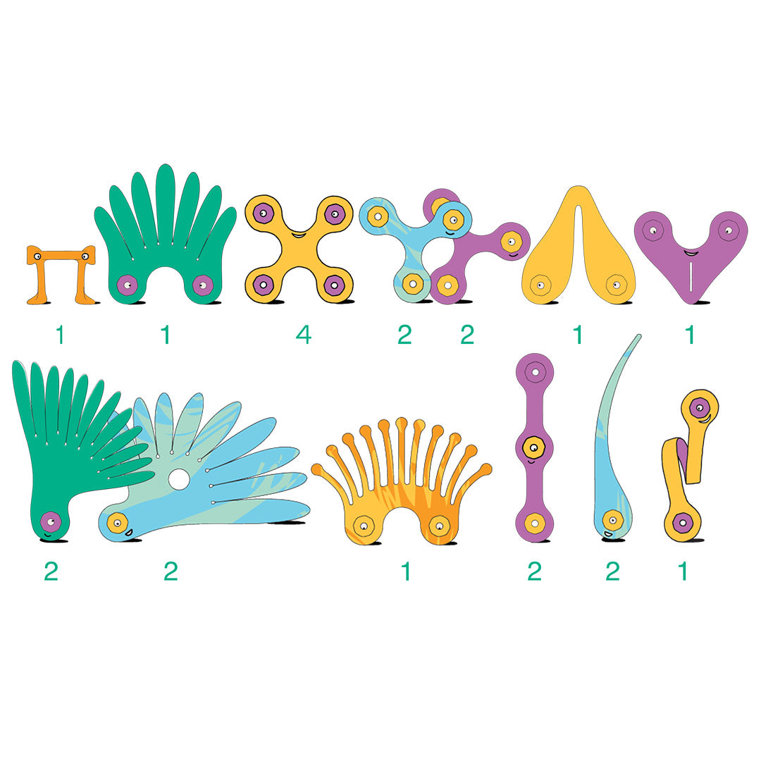 Infographic met alle individuele kleurrijke plastic onderdelen van de Clixo magnetische bouwset tropical birds en hun aantallen.