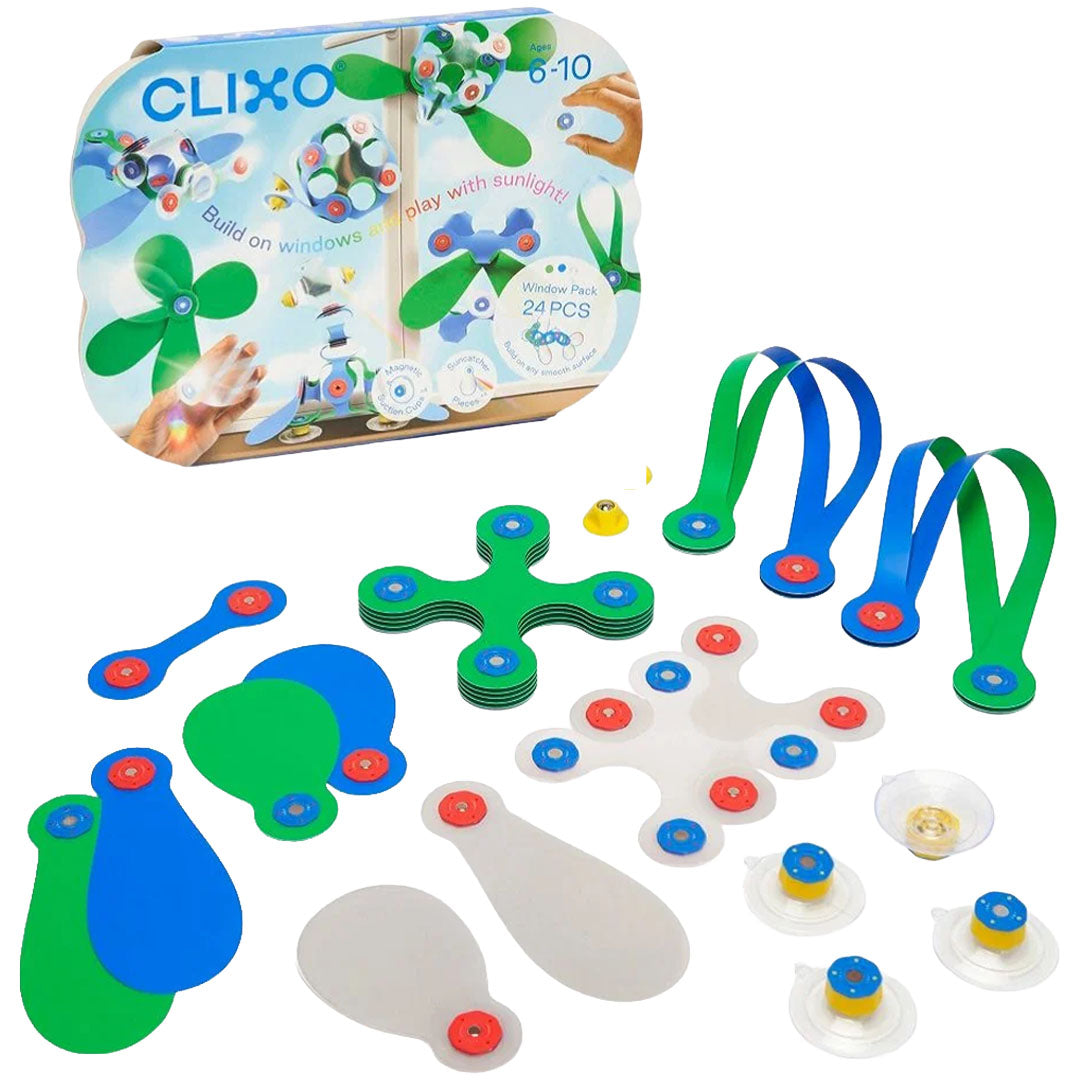 Clixo magnetische bouwset voor op het raam met alle 24 onderdelen en de verpakking ernaast.